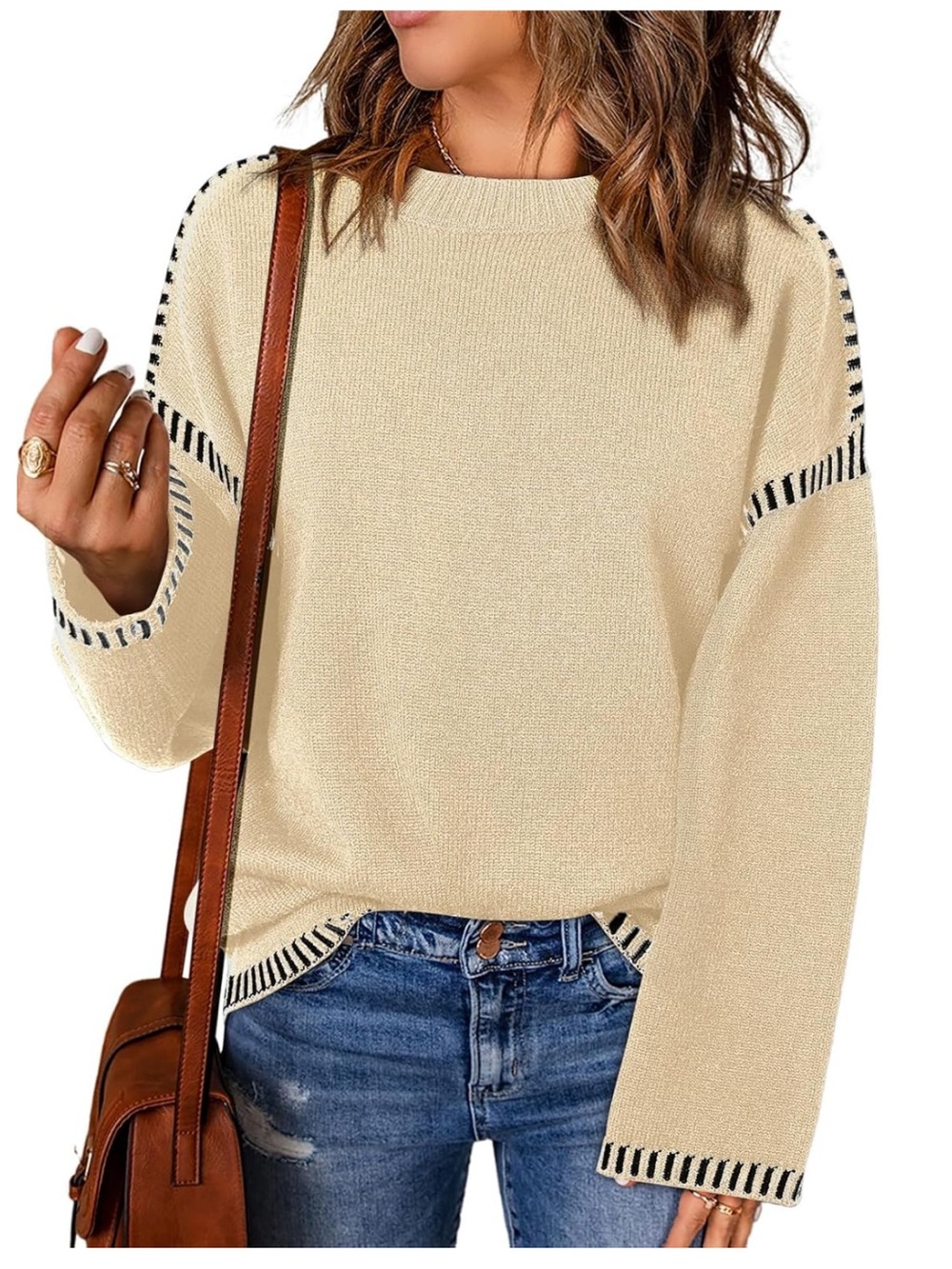 Women’s Cream Crewneck Sweater with Black Contrast Trim